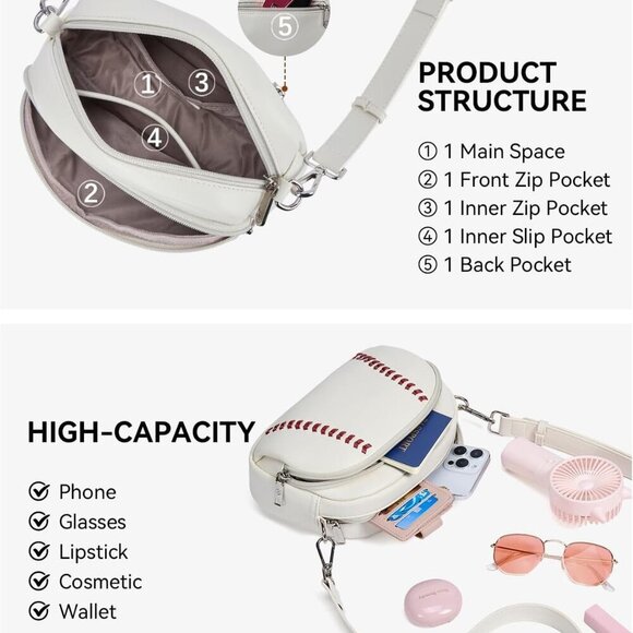 Baseball Crossbody Purse Vegan Leather Small Shoulder Bag for Women - Picture 6 of 6